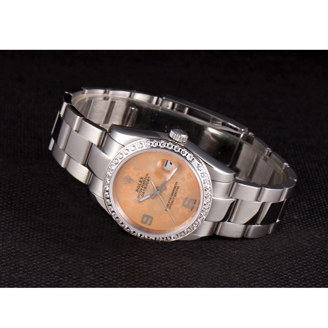 Good Copy Rolex Watches Plated Flowers Dial Steel Diamond Orange Polished Stainless Datejust Rolex 0729
